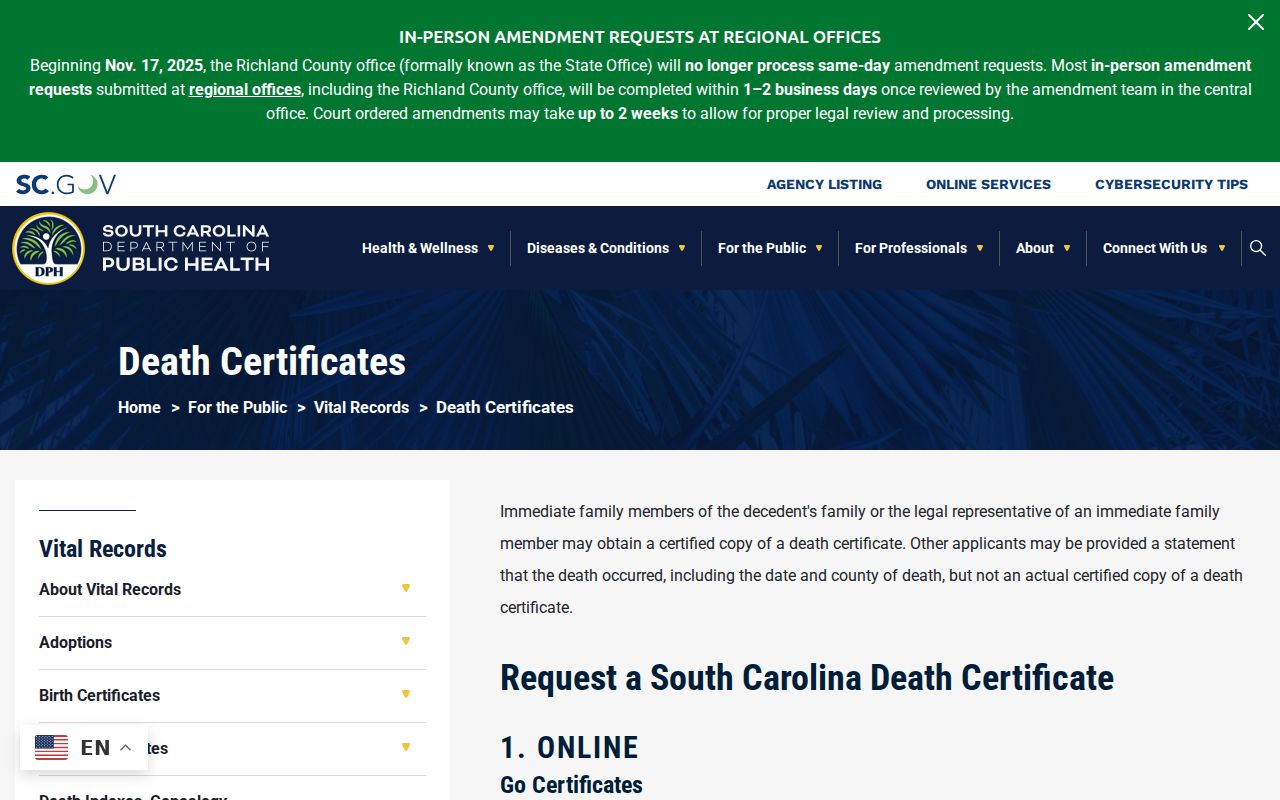 Easley residents directory South Carolina death certificate request information