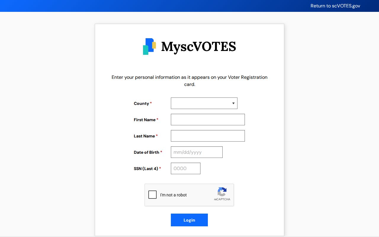 Easley resident lookup MySCVotes personal login fields